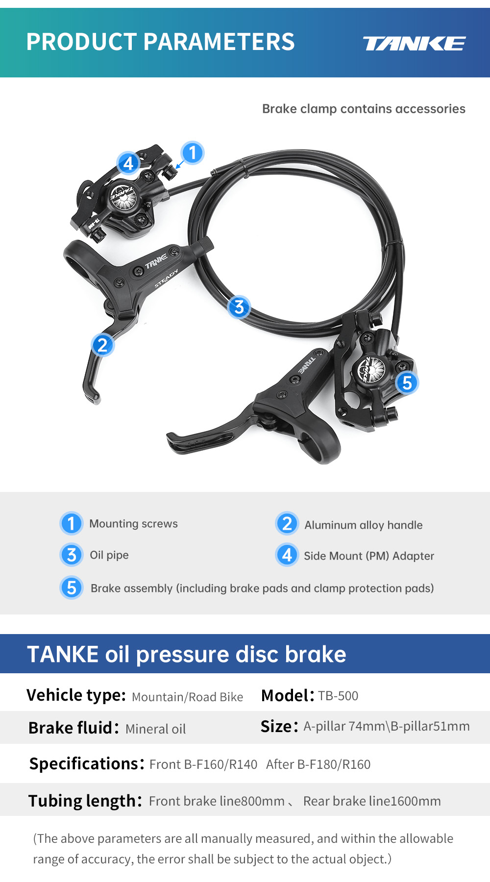 Freno de disco hidráulico para bicicleta de montaña TANKE TB500, rotor de 160 mm, pinza de aceite, placa delantera y trasera, abrazadera para bicicleta de montaña, piezas CNC, frenos hidráulicos para MTB