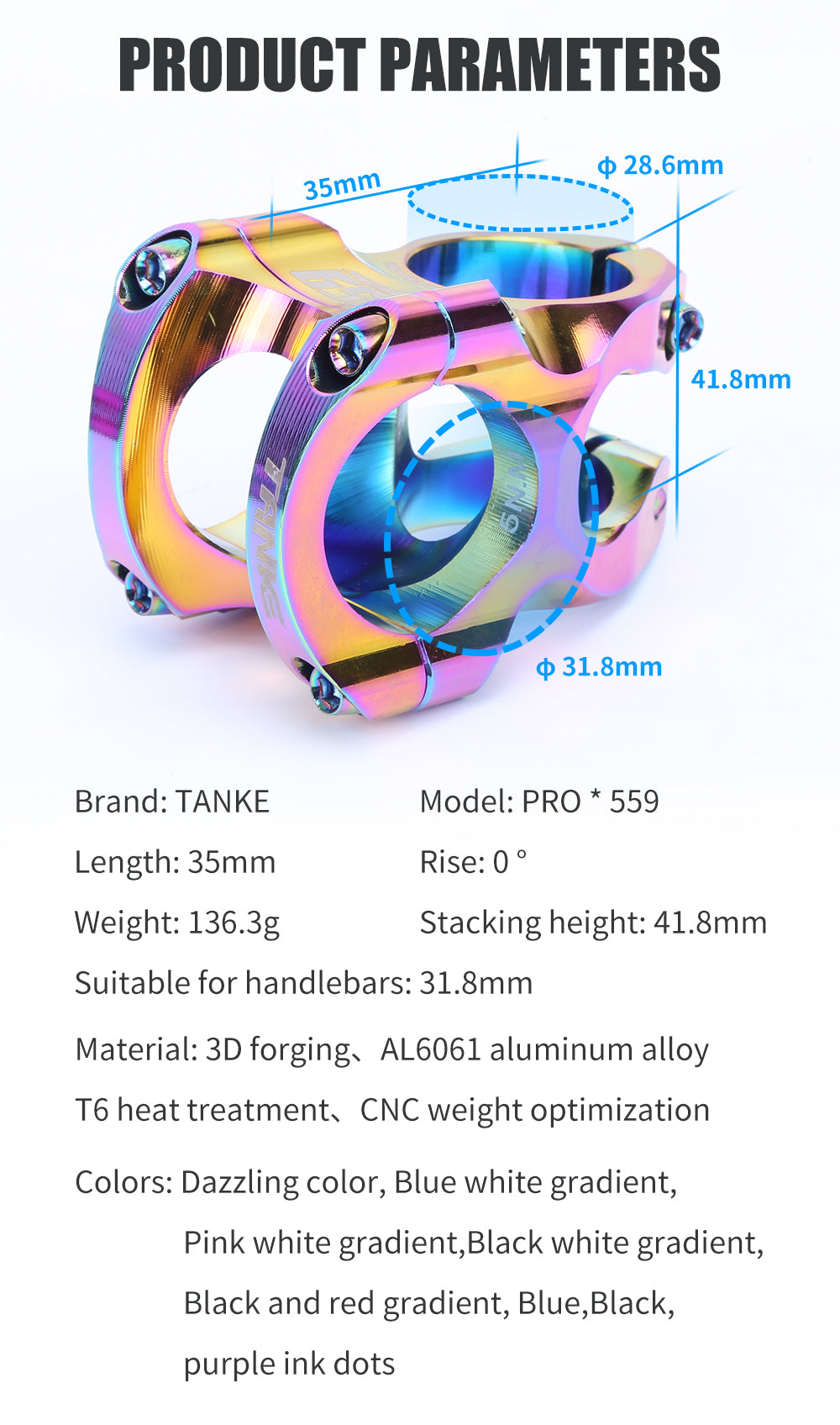 TANKE-MTB35mm handle CNC 0 degree up, FR AM Enduro, 31.8mm, 28.6mm steering gear mountain bike parts