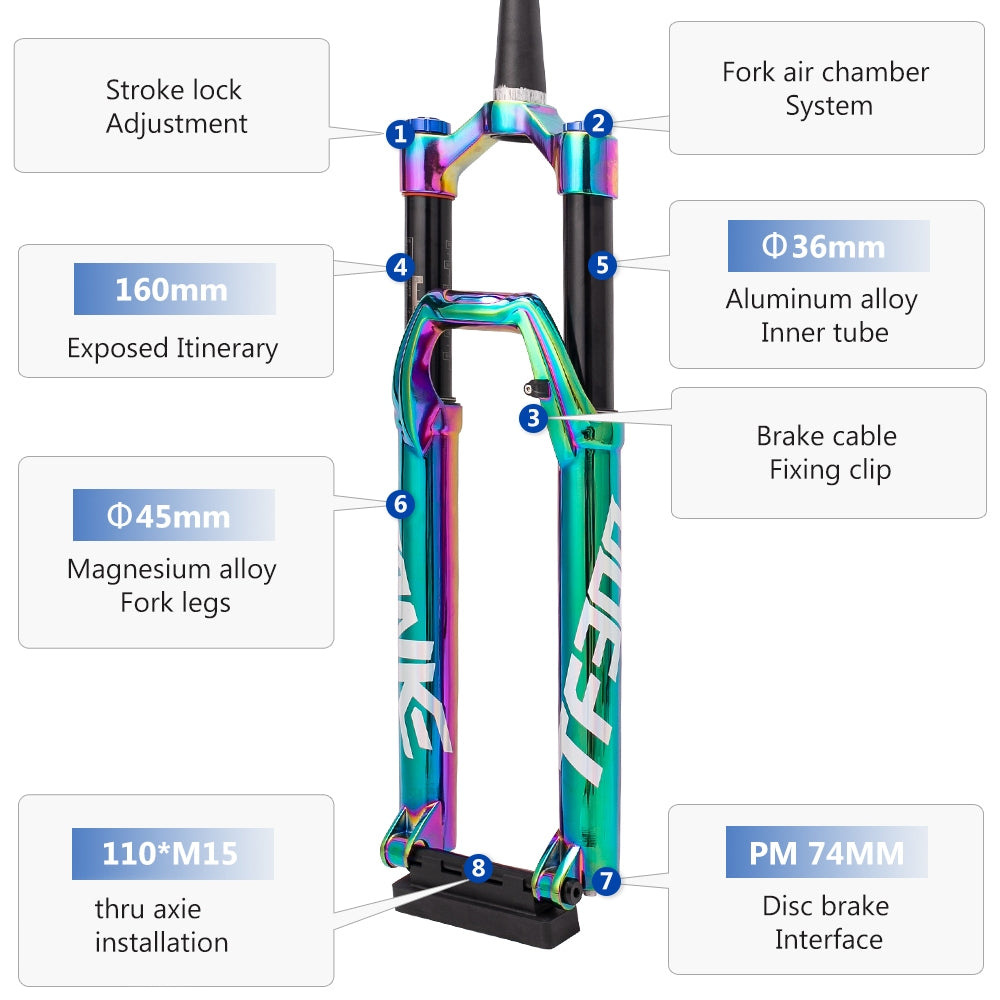 TANKE MTB Stoßdämpfung Vorderradgabel Aluminiumlegierung Luftölfederung 27,5 29 Zoll Fahrradgabel konisches Rohr Boost 36 mm ROHR 160 mm